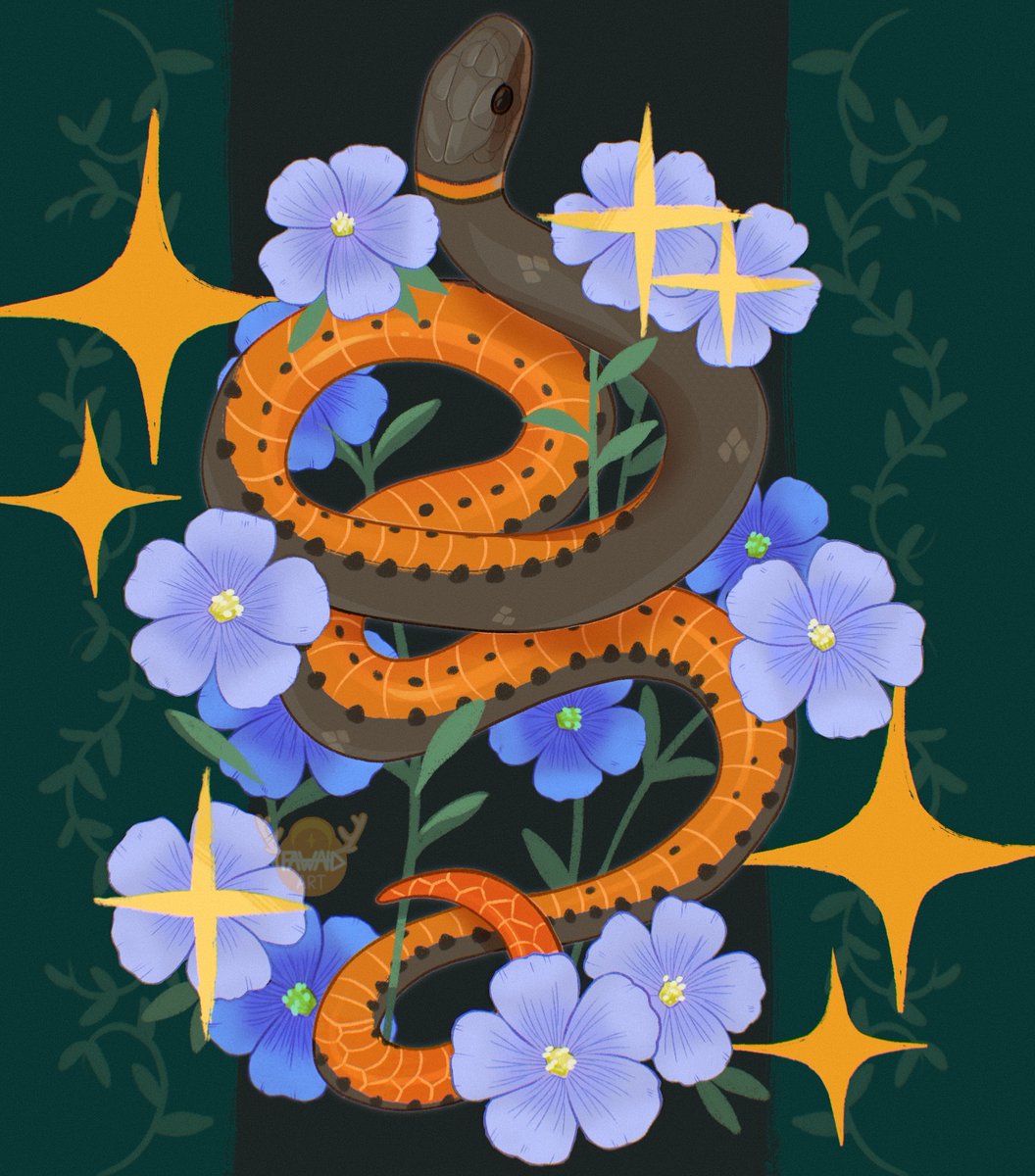 A digital art piece I did of a Ring-necked snake in some blue flax 🌸✨