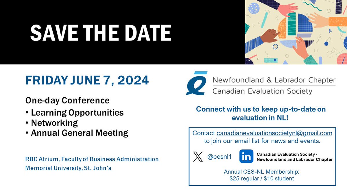 Exciting news - SAVE THE DATE for our 2024 Annual one-day, in-person conference at the RBC Atrium, Memorial University: FRIDAY, JUNE 7th! #eval #CESNL #CES

To register, email canadianevaluationsocietynl@gmail.com