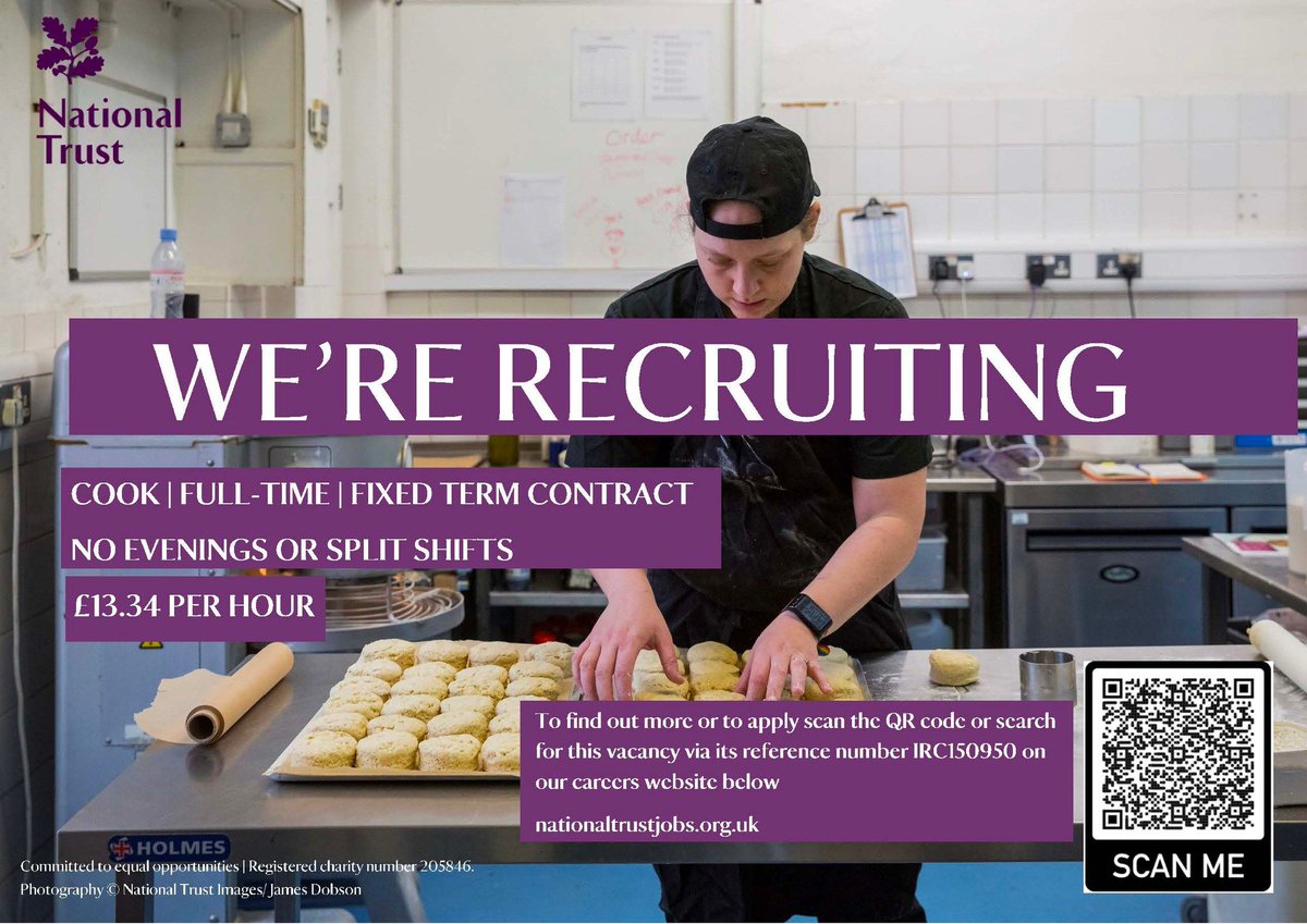 #Jobopportunity! We're looking for a new chef to join the team in our Stableyard cafe. As a chef, you will be helping to prepare delicious food from scratch using fresh, seasonal ingredients. To apply visit the National Trust Jobs website and use the job code, IRC150950.