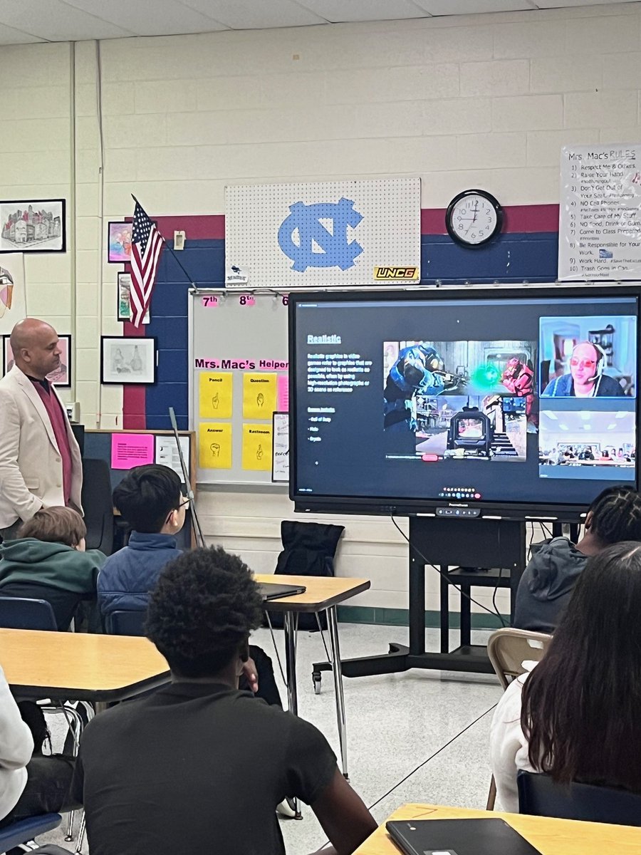 #LearningInGCS | Southwest Middle students in Sara McPherson's 7th grade CTE classes had a visit from the company 'Stay Plugged In.' They educated groups about artificial intelligence technology in gaming as a part of the computer graphics and gaming technology module.