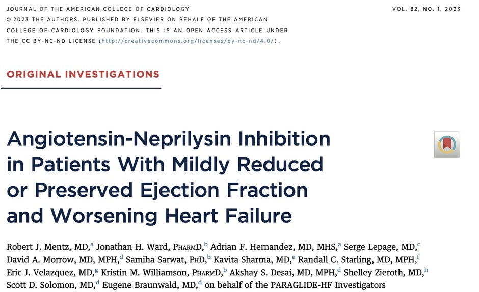 1/14 Welcome to another installment of the #ACCTweetorialSeries covering key trials from #ACCMedStudent #JournalClub! Today we'll discuss PARAGLIDE-HF on sacubitril/valsartan vs valsartan in heart failure with mildly reduced or preserved ejection fraction after a worsening event