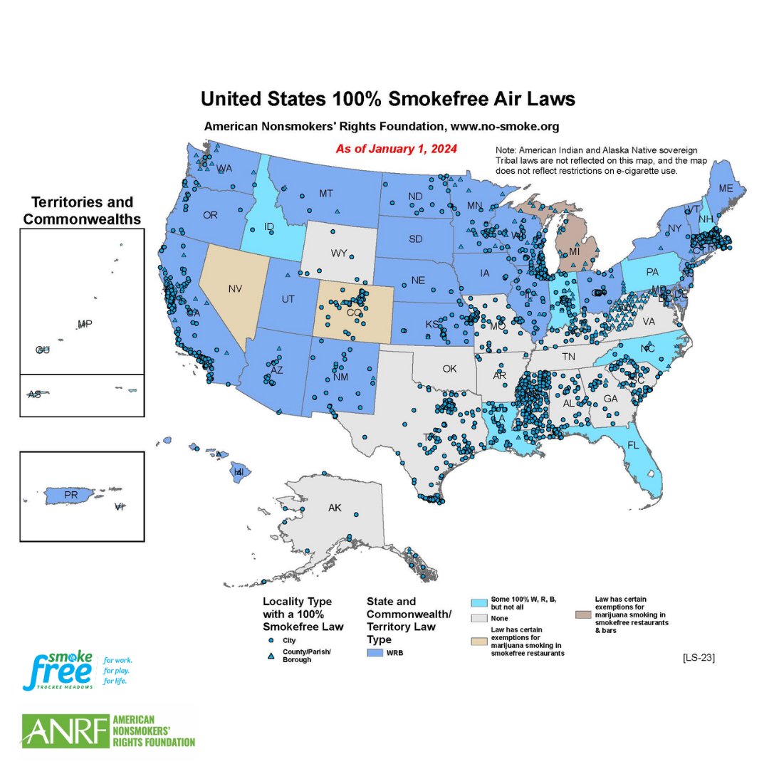 SmokeFree_TM's tweet image. The ANR Foundation announced their most recent quarterly update to the lists and maps of U.S. municipalities and states with smoke-free laws now in effect! Together, we can work toward making Truckee Meadows smoke-free, visit our website to get involved! brnw.ch/21wIH5b