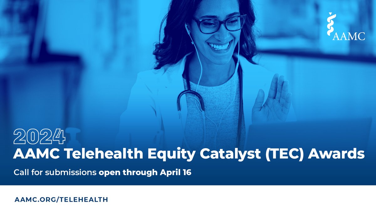 REMINDER: Submissions are due Tuesday, April 16, for the AAMC Telehealth Equity Catalyst Awards. The AAMC will recognize innovative telehealth programs that ease barriers to care & advance health care equity. Learn how to apply ow.ly/rt0G50QTE5H