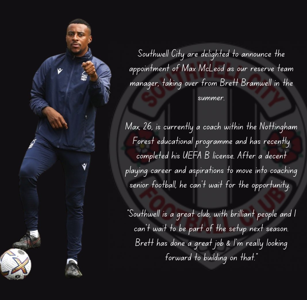 southwellcityfc's tweet photo. 🤝 𝗠𝗰𝗟𝗲𝗼𝗱 𝗮𝗽𝗽𝗼𝗶𝗻𝘁𝗲𝗱 𝗖𝗶𝘁𝘆 𝗥𝗲𝘀𝗲𝗿𝘃𝗲𝘀 𝗺𝗮𝗻𝗮𝗴𝗲𝗿

We’re delighted to announce that Max McLeod will take over from @BramwellBrett in the summer, and lead our reserve team.

Good luck, Max!

🦓🦓🦓 https://t.co/gvVvG2tV63