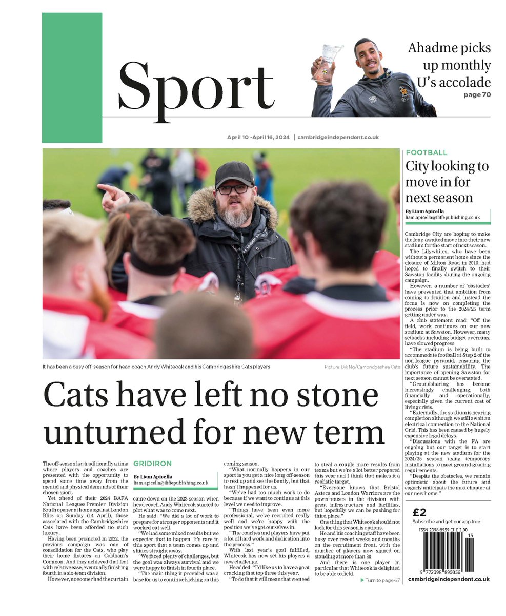 It's the @cambscats that lead the way in this week's @CambridgeIndy sport pages. Plenty more ground covered inside, including the likes of @cambridgecityfc, @HistonFC, success for @camrufc women's team, athletics, hockey, #CamUTD and the Finnish throwing game Molkky!