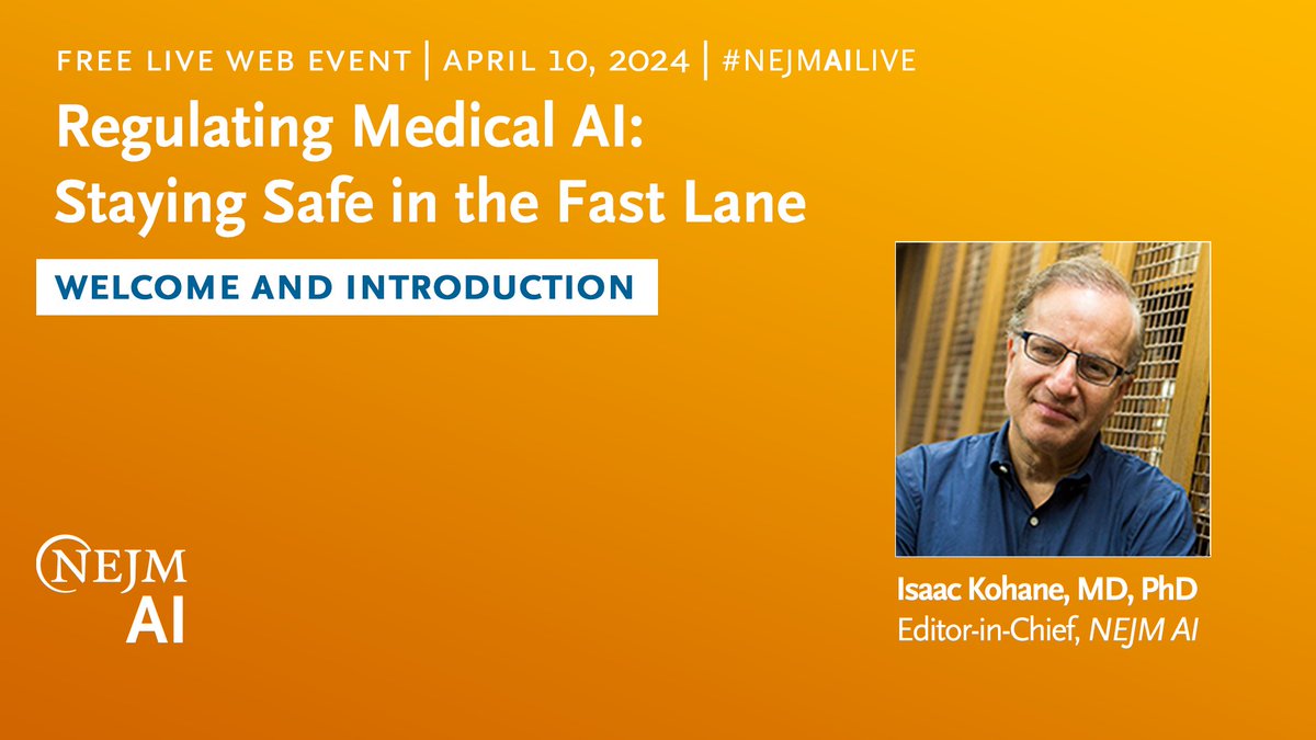 Our free virtual event is now live. Please welcome NEJM AI Editor-in-Chief @zakkohane. Use #NEJMAILIVE to join the discussion. Start the live stream: nejm.ai/3In5two