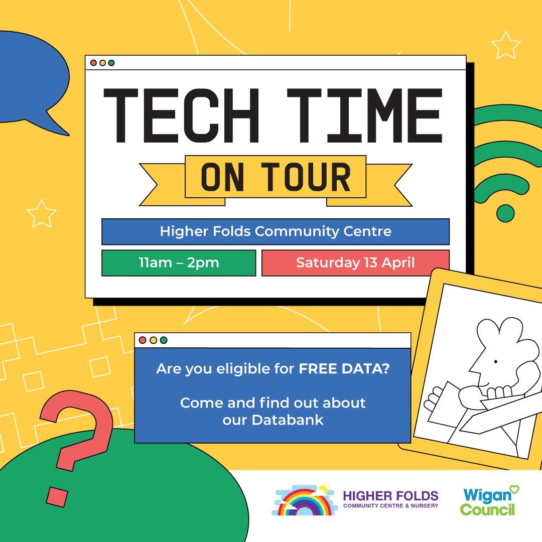 Enjoying the Easter holidays? Well come along to our Tech Time: On Tour event this Saturday at @higher_foldsCC to continue the fun! It's got something for all the family! Join us for VR, Retro Gaming, Coding, Digital Art, Guide Dogs, Tombola and much more! #Event #DigitalWigan