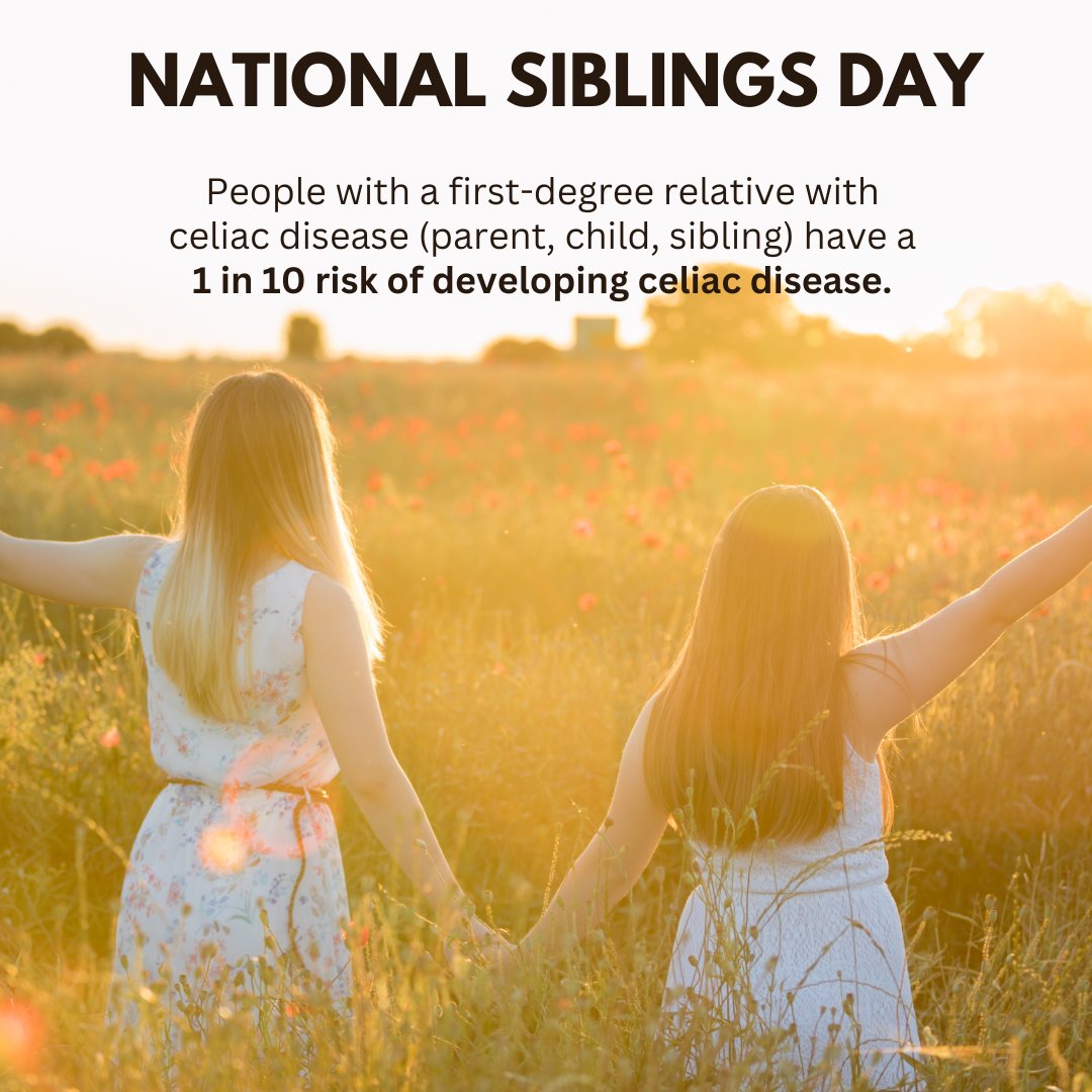 Celiac disease is hereditary, meaning that it runs in families. If you have a sibling with #CeliacDisease, tag them to show love for #NationalSiblingsDay! #LivingWithCeliac #CeliacLife #CeliacAwareness