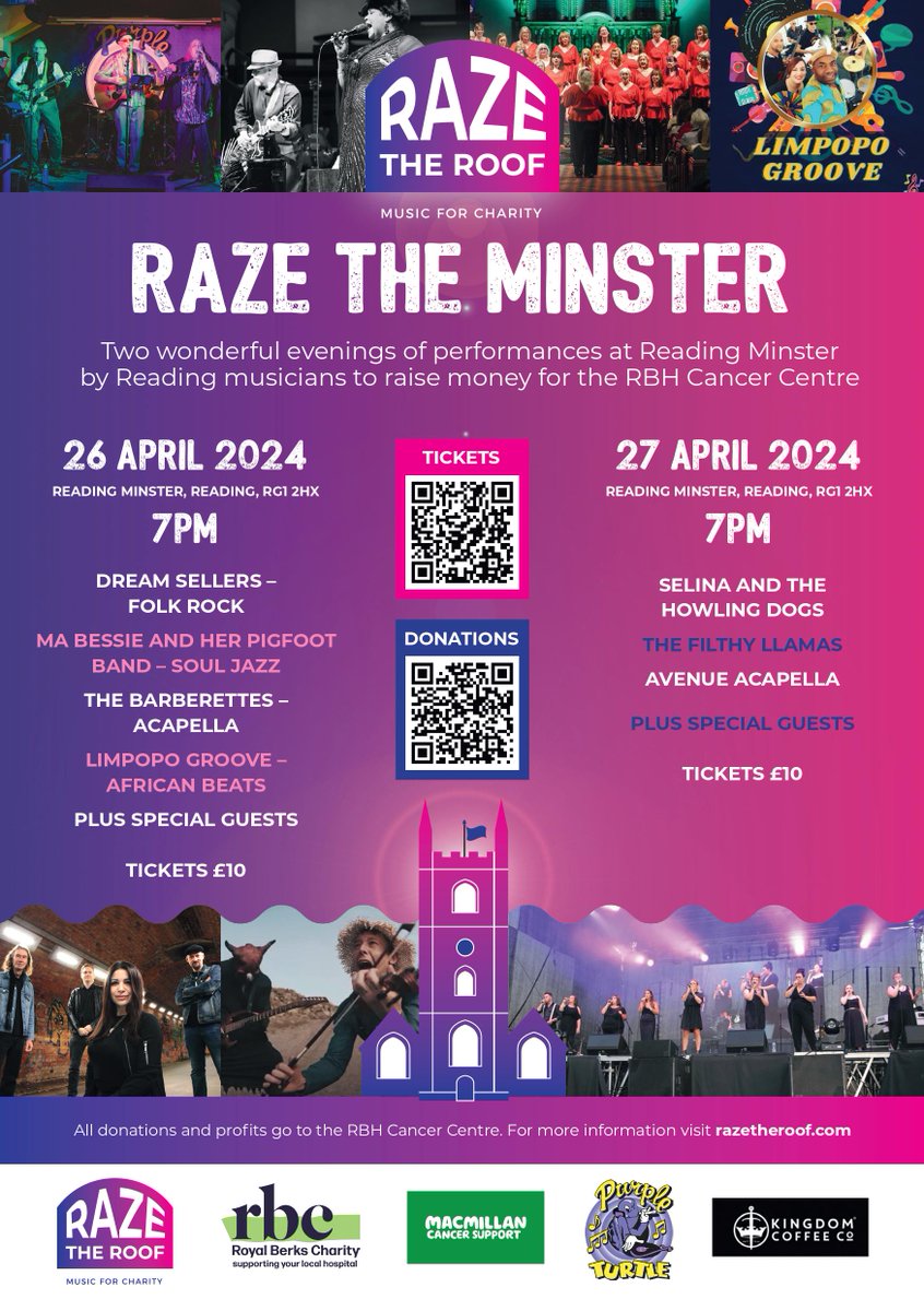 🎸🥁 Bring your friends and family to the Raze the Minster charity gigs! Enjoy performances by a range of Reading musicians who will play to raise money for @RoyalBerksChar Cancer Centre. For tickets scan the QR codes or visit rdguk.info/iQTS7 #eventsinreading #rdguk