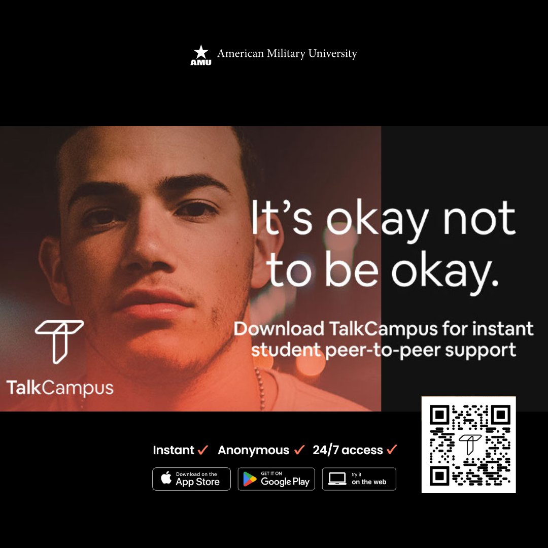 It’s okay not to be okay. AMU students can access a free online peer-support network, available 24/7. Download #TalkCampus to speak openly and anonymously about your mental #wellbeing with other students that get it. ow.ly/M7Wn50R6bZh #StressAwareness #StressAwarenessMonth