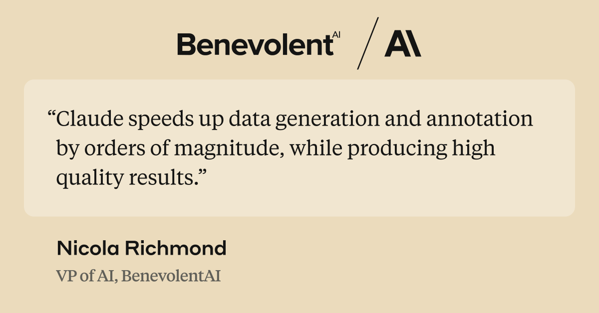 AnthropicAI's tweet photo. UK-based TechBio company @benevolent_ai uses Claude to evaluate datasets, annotate evidence for model fine-tuning, and textualize non-literature data modalities for its models to reason over. https://t.co/oeKRs9E7wh