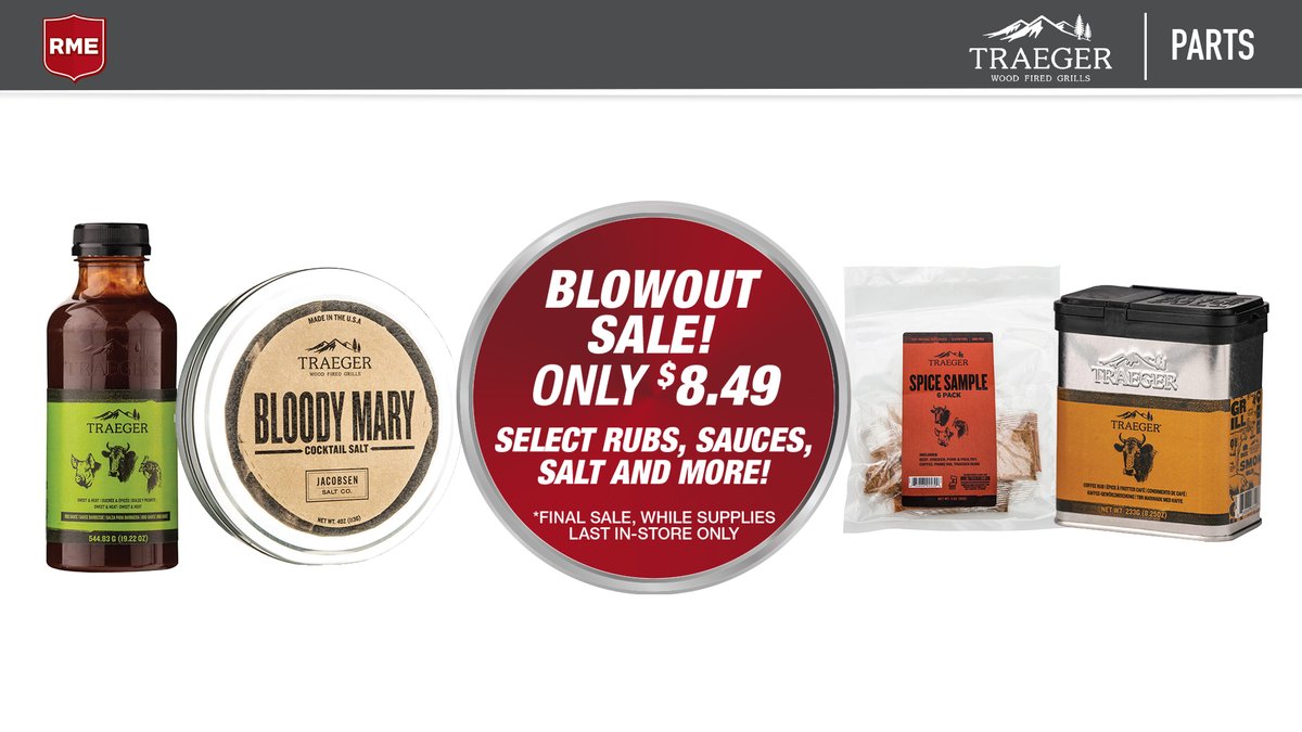 The Traeger Blowout Sale is on NOW at RME! Only $8.49 for select rubs, sauces, salt and more while supplies last. Contact your local RME dealer or click here for more info: rockymtn.com/promotions/tra… . . . #RME #Traeger #Barbeque #Spring #Deals #Rubs #Sale