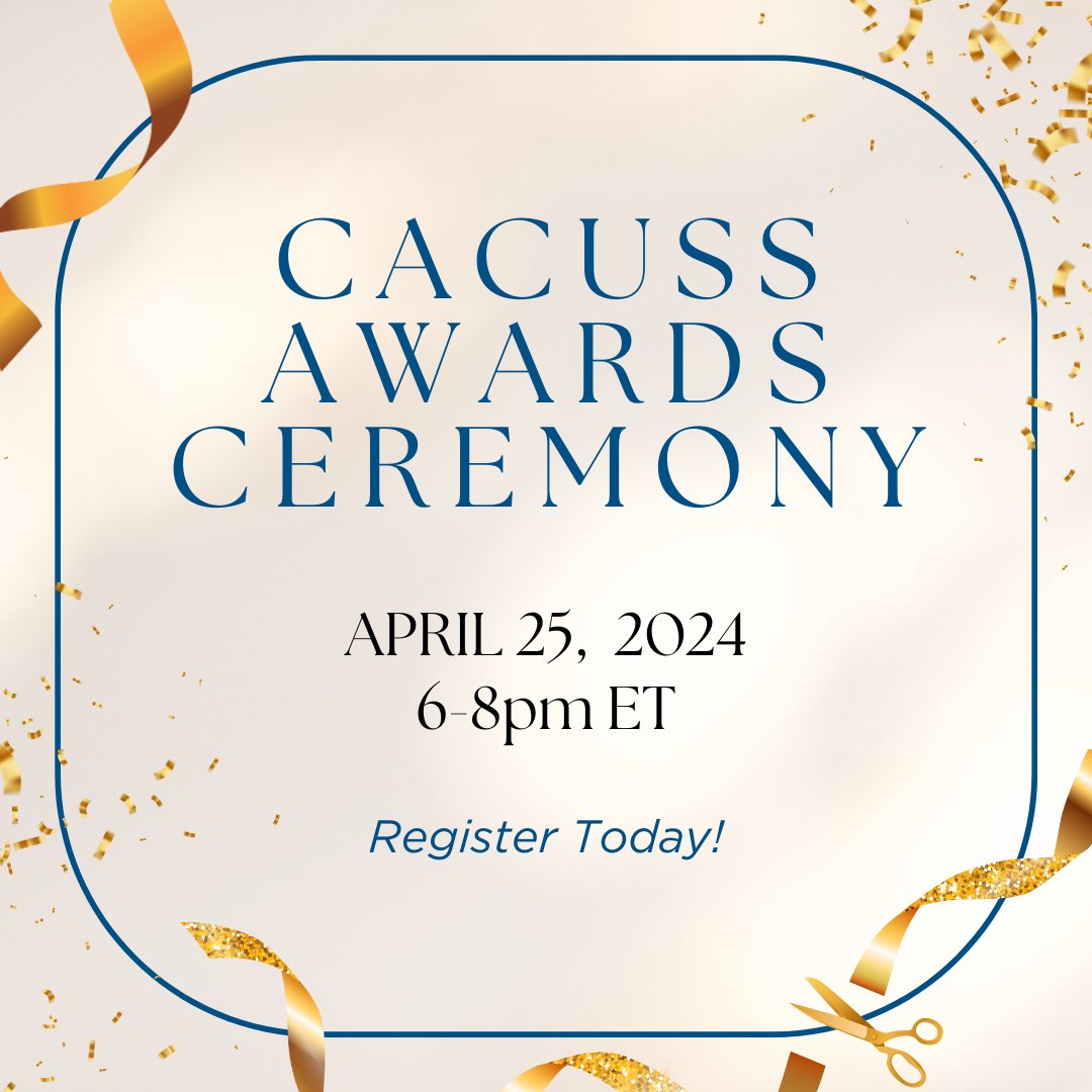 The annual CACUSS awards ceremony will take place on Thursday, April 25th at 6-8pm ET. Join us as we celebrate our colleagues in student affairs. More details coming soon. Stay tuned! #SACdn #HigherEd #StudentAffairs #CACUSSAwards