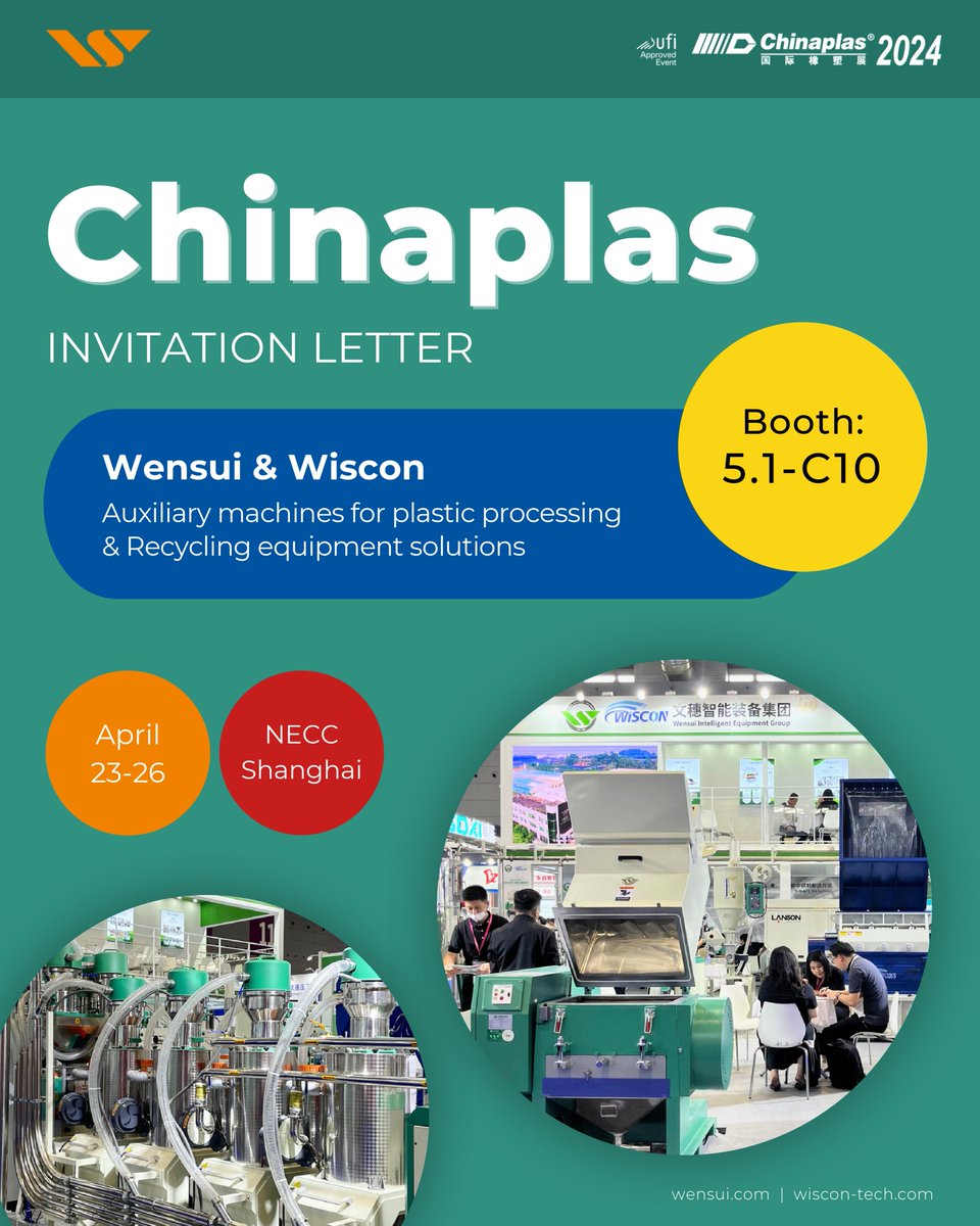 Wiscon_Tech's tweet photo. Mark your calendar, Chinaplas is exactly one week away! Come visit our booth and check out our plastic auxiliary machines and recycling equipment.
📣 Booth C10, Hall 5.1
🗓️ April 23 to 26
📍 Shanghai

#chinaplas2024 #chinaplas #exhibition #plasticindustry https://t.co/F3GKUyrmKQ