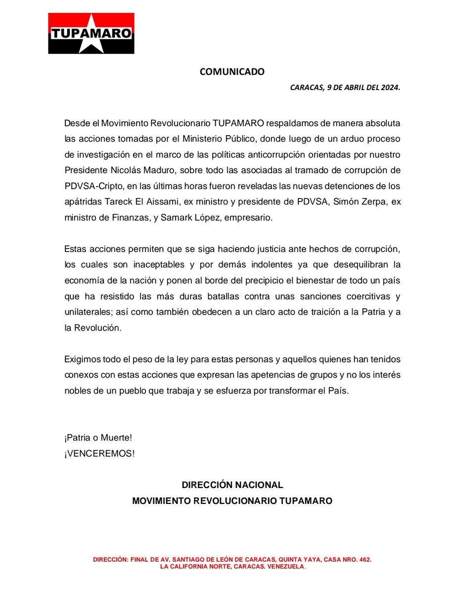 El Movimiento Revolucionario Tupamaro manifiesta su total respaldo a las contundentes medidas tomadas por el @MinpublicoVEN en el marco de las políticas anticorrupción impulsadas por nuestro Presidente @NicolasMaduro acciones enfocadas en PDVSA-Cripto. #MaduroEsJusticia