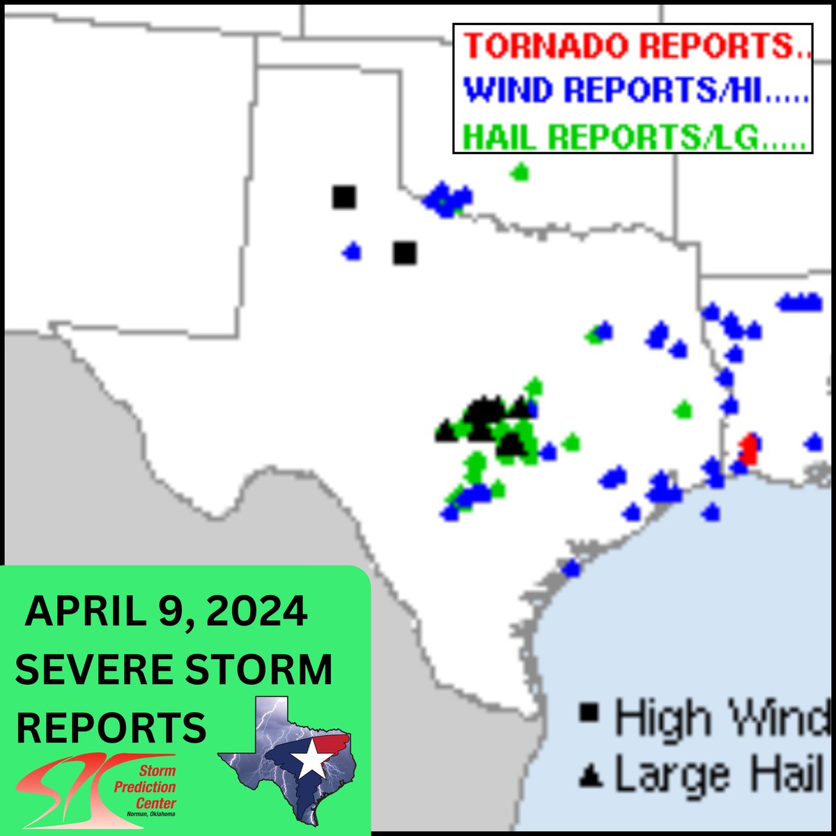 Sure glad that is over. Yesterday was rather problematic for many in Texas, particularly in Central Texas. Here are the preliminary storm report markers for the day (April 9). Thank you all for watching us during our live streams and trusting us with your Texas weather! #Txwx…