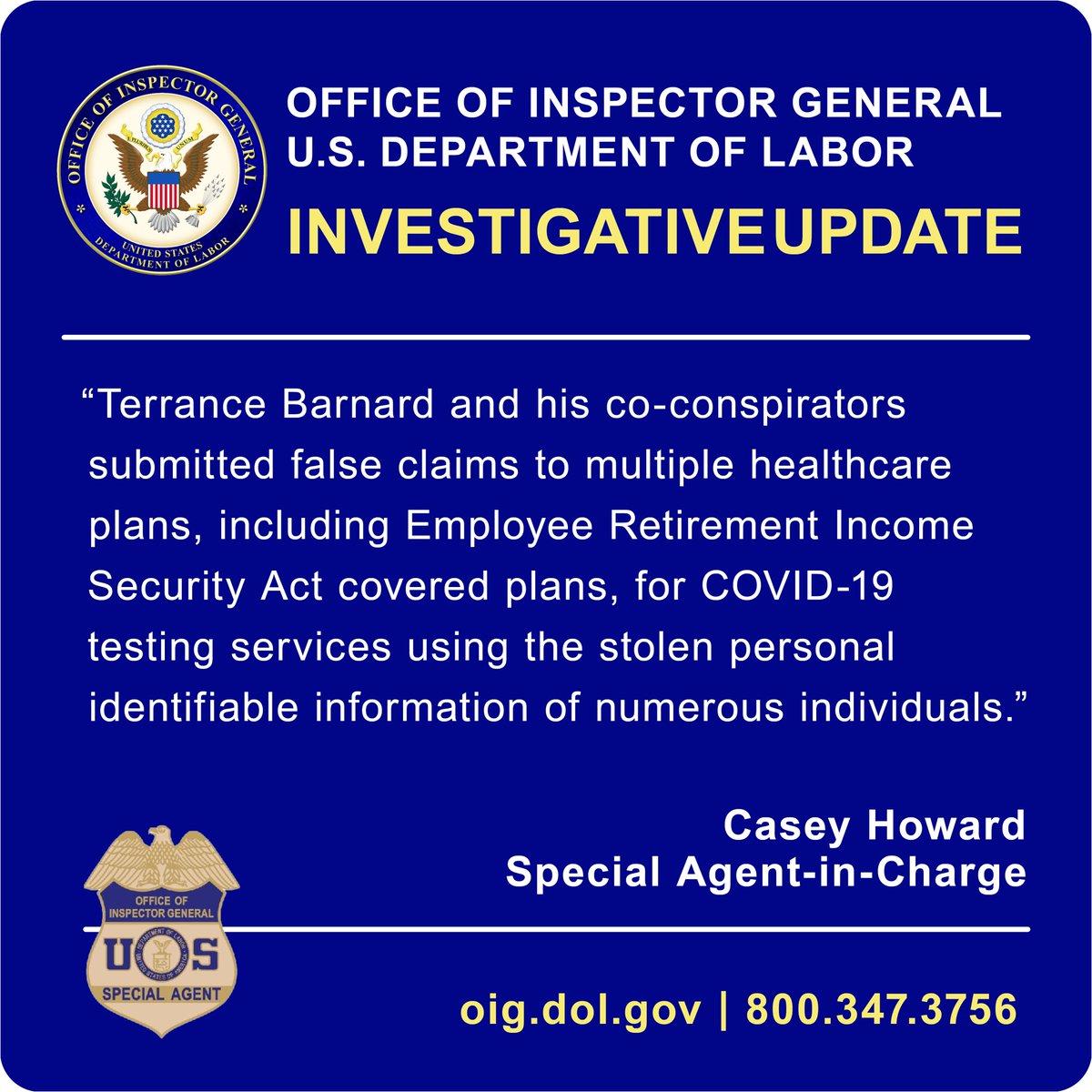 DOL-OIG Investigative Update: COVID-19 Testing Fraudster Sentenced to 7 Years in Federal Prison oig.dol.gov/public/Press%2… @NDTXnews For more about the work of the DOL-OIG, visit oig.dol.gov.