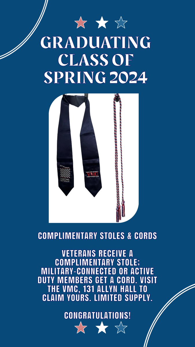 🎓 Spring 2024 grads: Veterans, exclusively for you, get your free stole &amp; Cord; Active Duty/Military connected, grab a cord. Limited supply! Visit the VMC @ 131 Allyn Hall anytime between now and graduation. #Graduation2024 #CongratsGrad #Raiders #WSURaiders