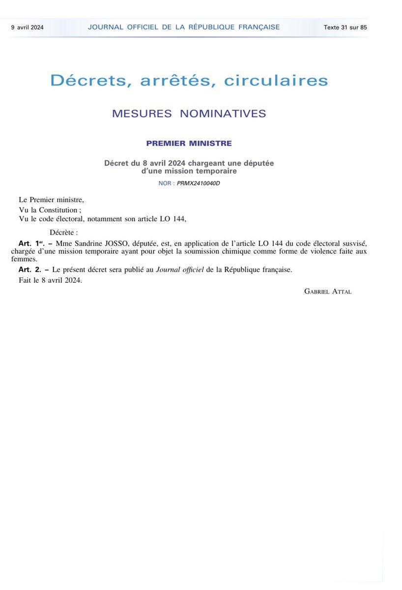 Je suis honorée de la confiance que m'accorde @GabrielAttal afin de contribuer à enrayer ce fléau de la soumission chimique. À toutes les victimes, je vous dis : nous ne lâcherons rien ! 💪 #SoumissionChimique 💙