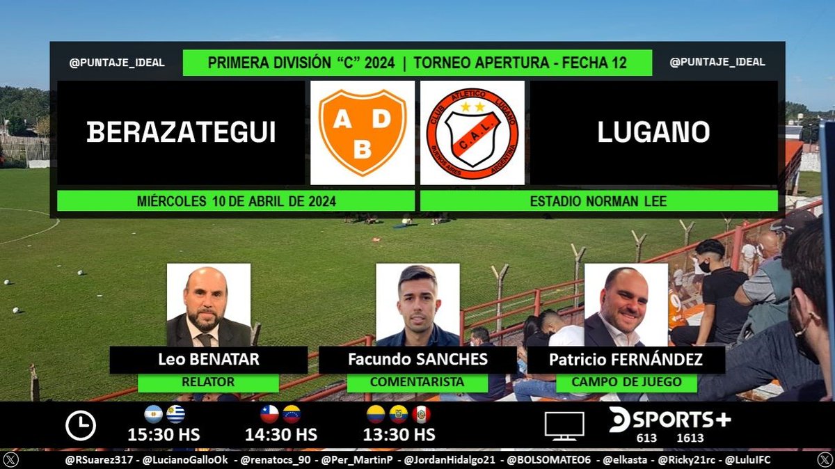 ⚽ #PrimeraC 🇦🇷 | #Berazategui vs. #Lugano
🎙 Relator: @LeoBenatar 
🎙 Comentarista: @Facusanches9 
🎙 Campo de juego: @fernandezpatook 
📺 @DSports + (613-1613) Sudamérica 
💻📱 @DGO_Latam
🤳 #FutbolEnDSPORTS - #AscensoEnDSPORTS
Dale RT 🔃