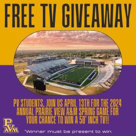 Come out this Saturday, April 13th for the Spring Game for your chance to win a 50” TV!! There will be 2 chances to win! Student must log into their student account on the PV Panther website and go and download your ticket/QR code for the Spring Game! See you there!