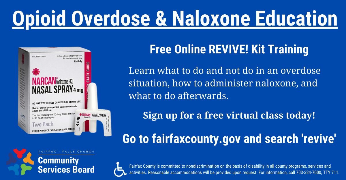 Learn what to do in an #opioid overdose emergency, how to administer naloxone and what to do afterward. Register with @FairfaxCSB for a virtual class: April 11 April 20 April 23 May 1 Details and registration: bit.ly/2TMDeME #fairfax #mentalhealth #opioids