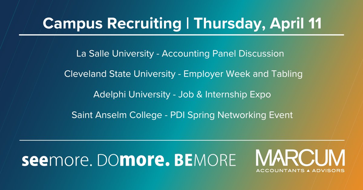 Our campus recruiters are on the move, and they’re scouting for fresh talent like YOU! Be sure to check them out at @LaSalleUniv, @CLE_State, @AdelphiU and @SaintAnselm – they'll be the ones with the big smiles, awesome swag, and all the answers to your questions. #AskMarcum