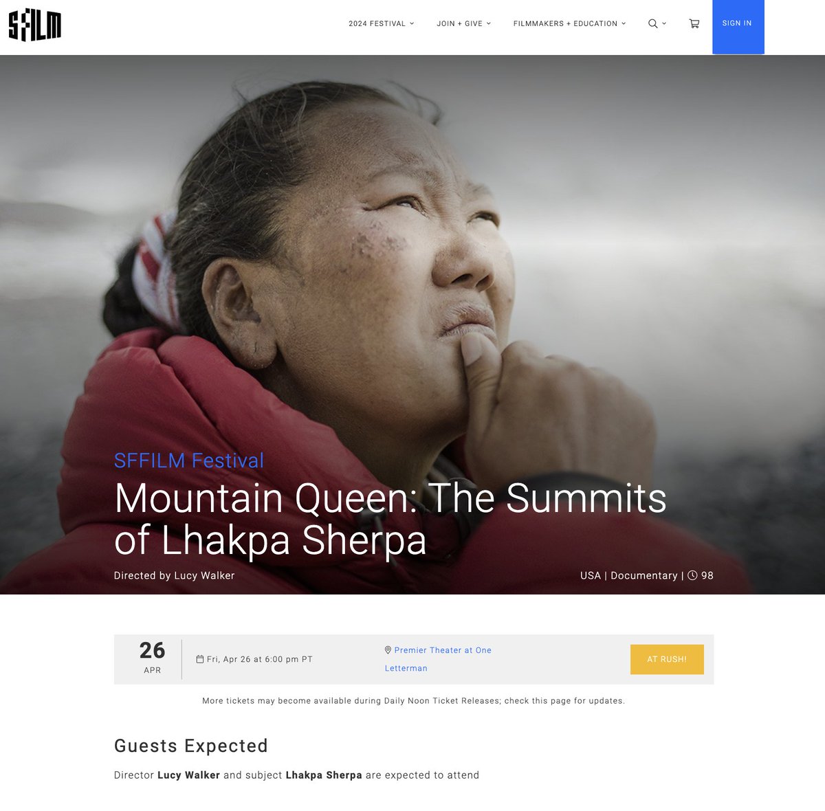 Mountain Queen will have its US premiere 4/26 @sffilm, and the incredible Lhakpa and I will be there freaking out along with our wonderful team, including from the Sonoma Sherpa community. It sold out instantly but I'll post more ways to see it soon ❤️🏔️👑 sffilm.org/event/mountain…