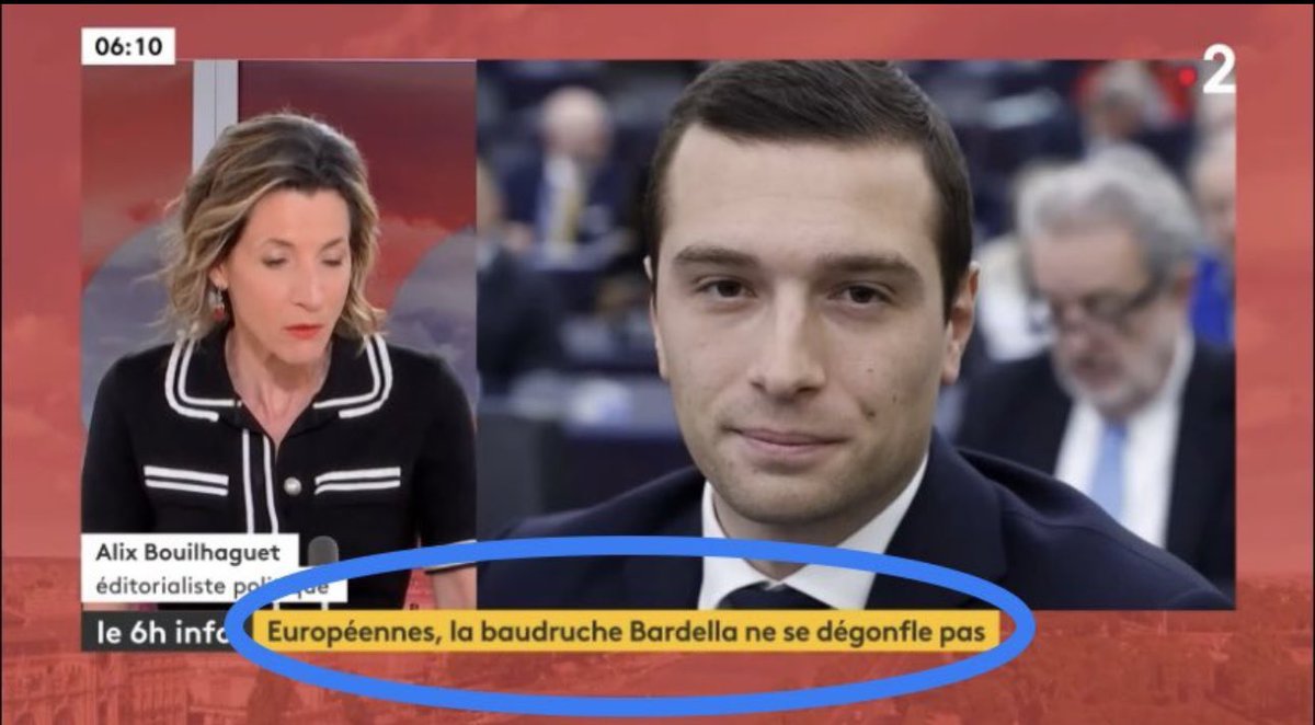 ➡️Honte a @franceinfo qui qualifie #Bardella de « baudruche » ! 

Un ballon de baudruche contient quelque chose, #Bardella c’est une coquille vide.😏