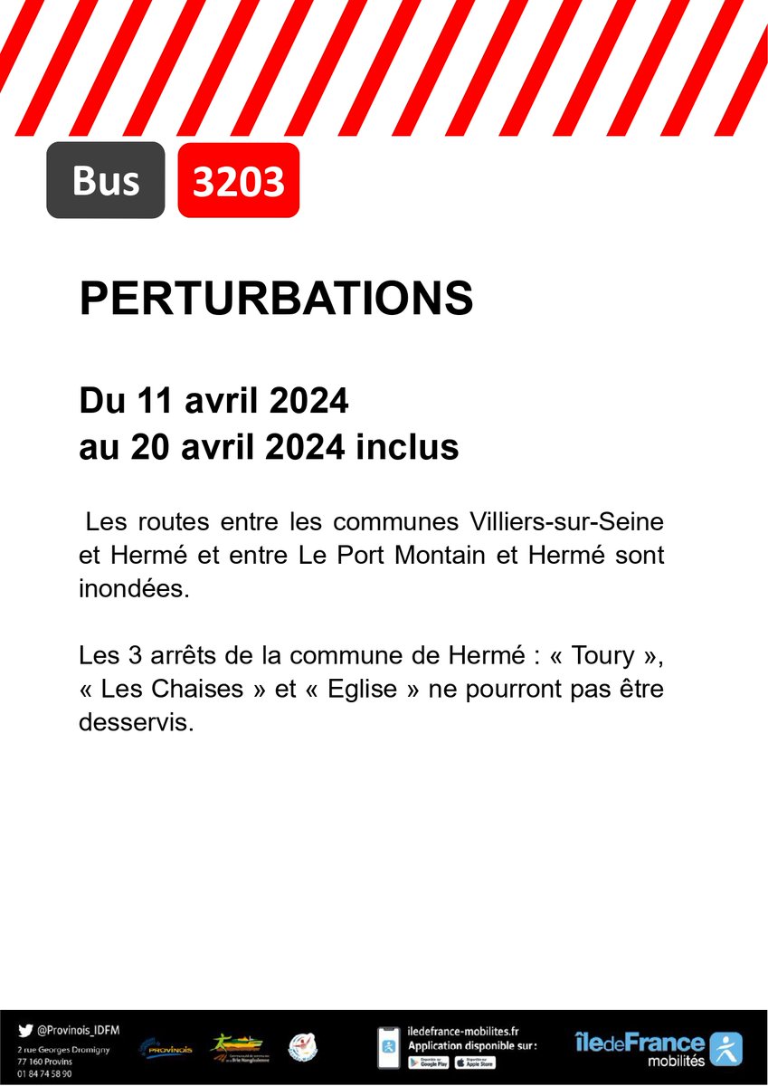 #infotrafic @Provinois_IDFM ⚠️🚧📅 jeudi 11 avril 2024 en raison des crues en cours et des interdictions de circuler, #perturbations sur la #ligne3203 Veuillez nous excuser pour la gêne occasionnée indépendant de notre volonté