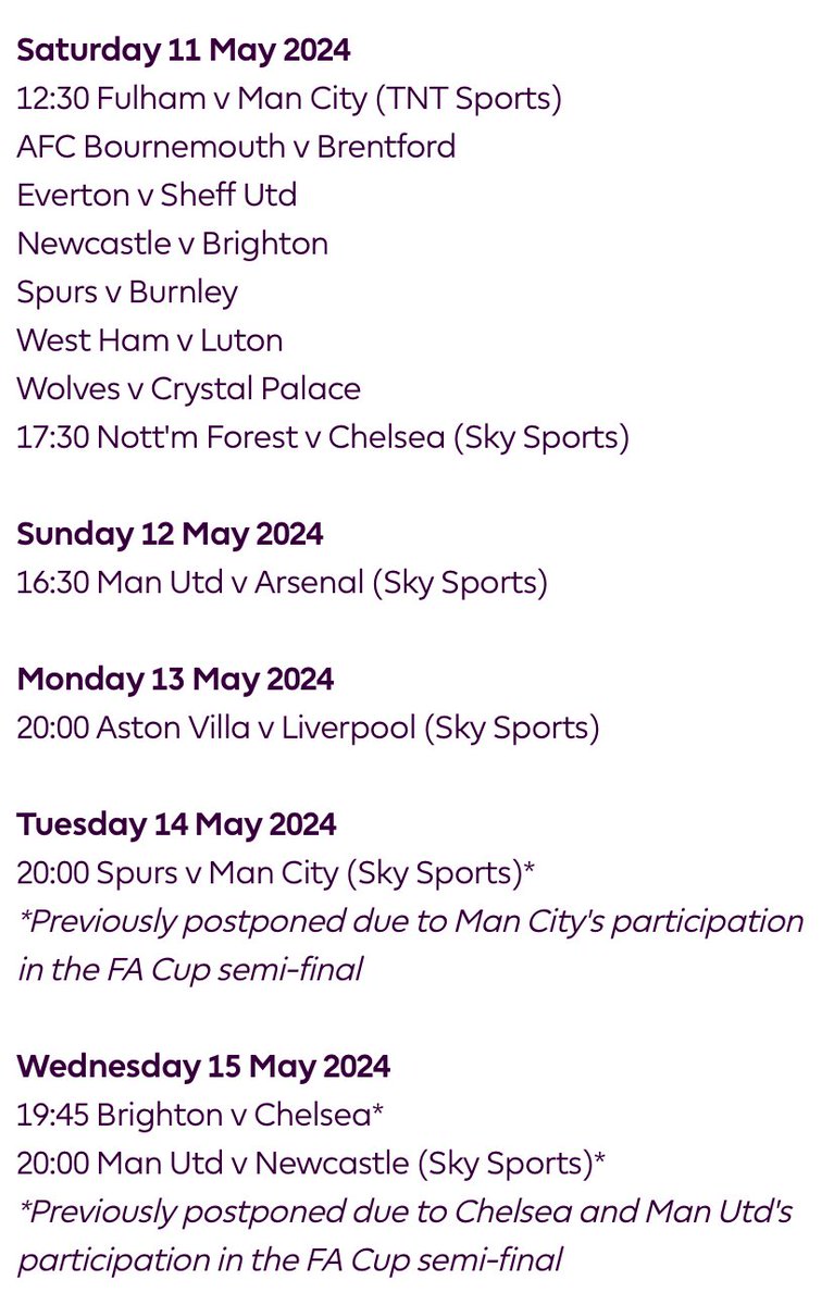 Premier League fixtures confirmed for penultimate round of games. Man Utd v Arsenal is Sunday 12th May.