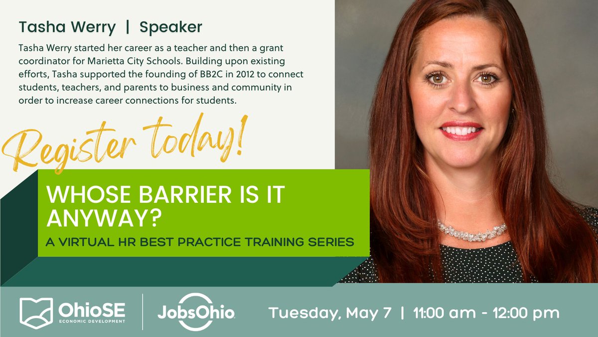 ⚙️ Join <a href="/Ohio_SE/">OhioSE</a> for a free virtual training on May 7 with speakers Tasha Werry &amp; Jeremy Ward of <a href="/bb2careers/">BB2C</a>. Gain insight on connecting, asking the right questions, and addressing gaps between student interests, aptitudes, &amp; available jobs.

➡️ Register: bit.ly/HR-barrier