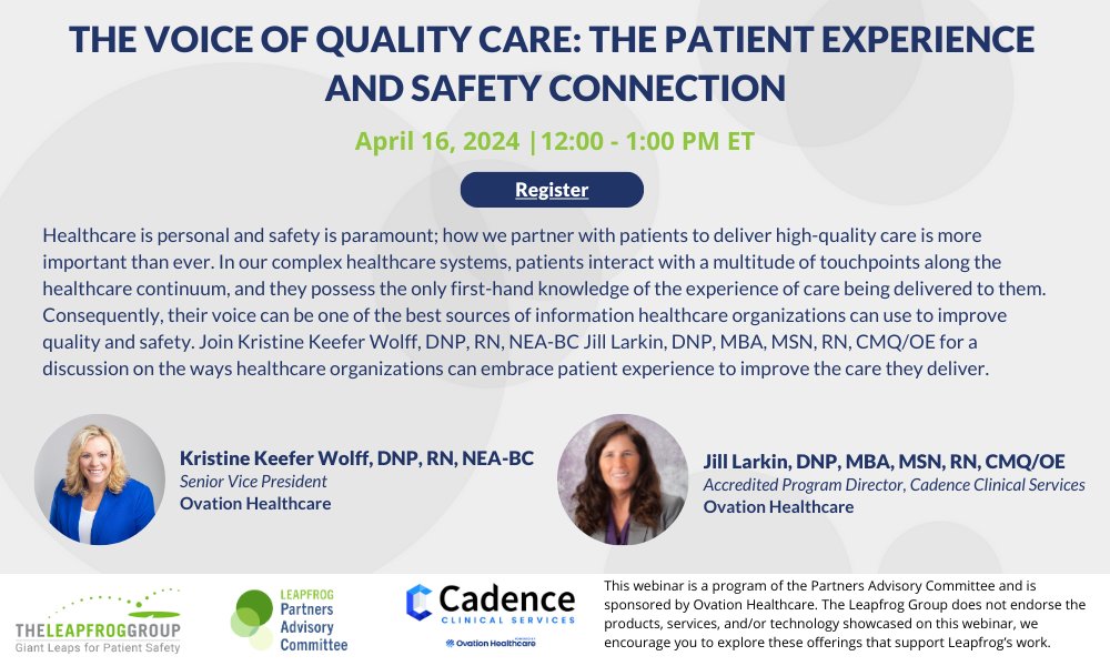 Join Kristine Keefer Wolff, DNP, RN, NEA-BC Jill Larkin, DNP, MBA, MSN, RN, CMQ/OE for a discussion on the ways healthcare organizations can embrace patient experience to improve the care they deliver. ow.ly/i0Ro50RcjNg