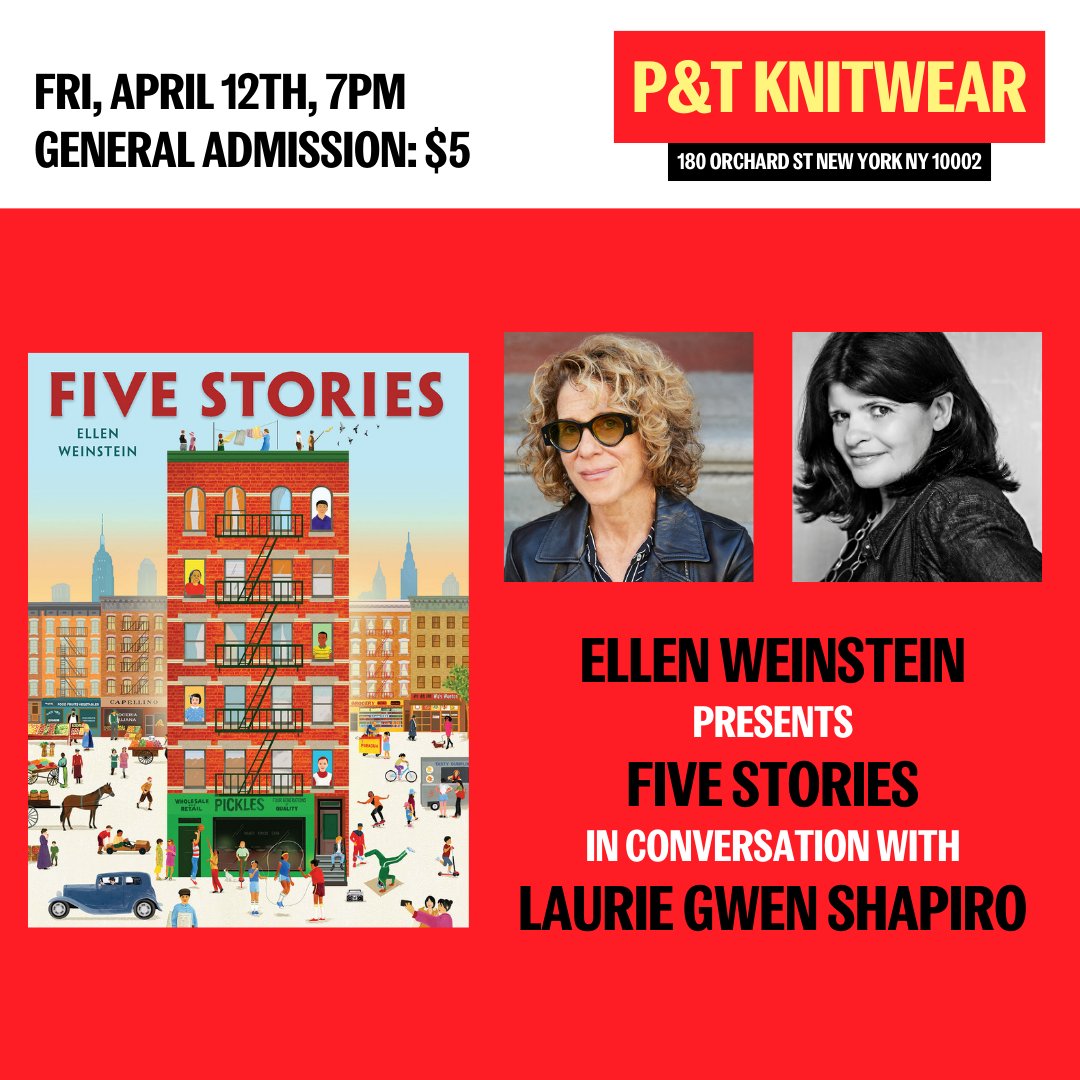A reminder: the Five Stories launch event at @ptknitwear is this Friday, April 12, at 7 pm. I will be in conversation with @LaurieStories about the history of the Lower East Side, followed by Q&A and book signing! A fun event for all! eventbrite.com/e/ellen-weinst… Hope to see you!