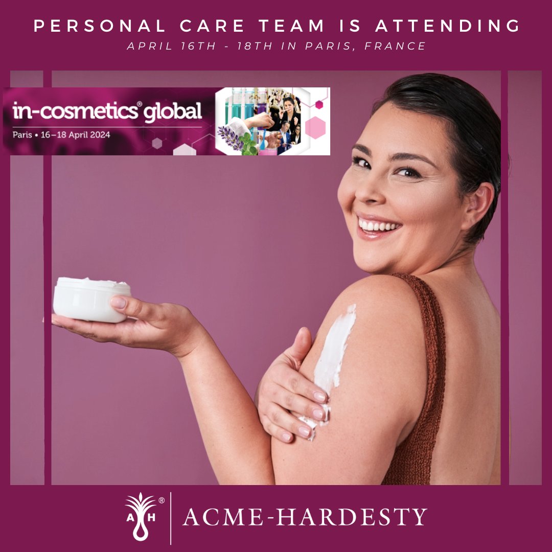 Explore #beautyinnovation with Acme-Hardesty at in-cosmetics Global. Your North American market journey starts with us!

👋 Personal Care Team
🎉 @incosmetics 
📅 Apr 16-18
🌟 Paris, France
#ahtravels #incosglobal #innovation #acmehardestypersonalcare #beautybeginshere