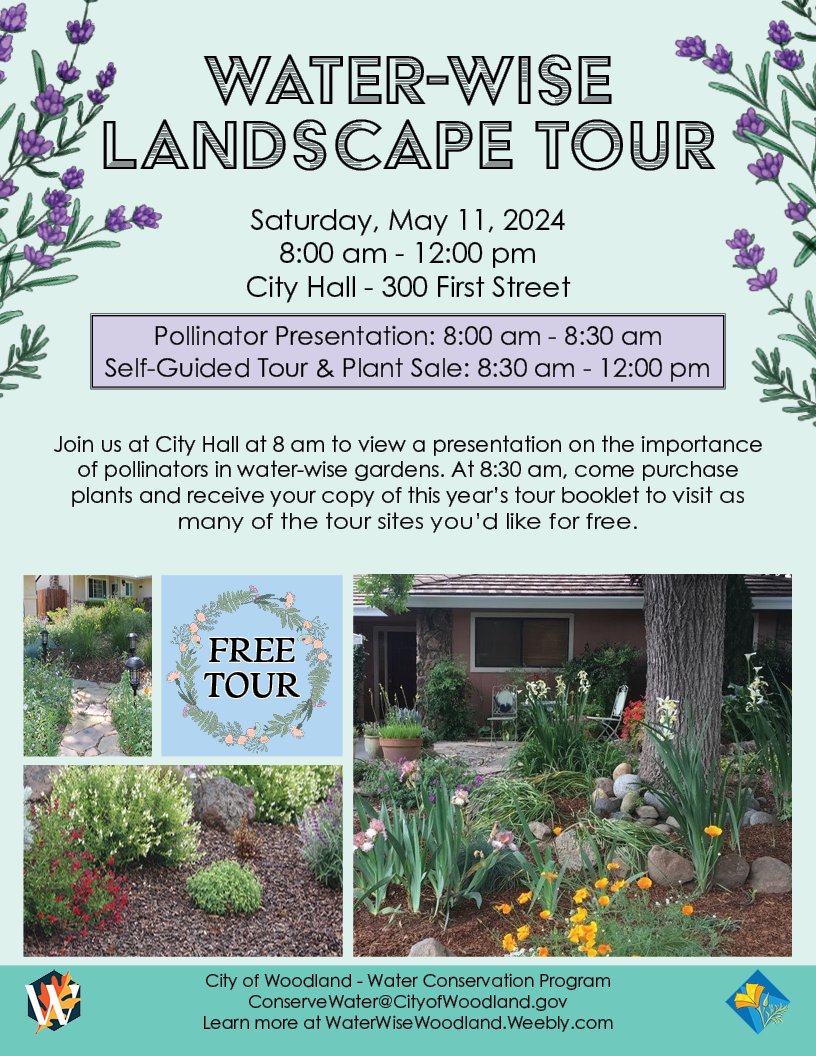 🌿💧 Join us on Saturday, May 11 to learn about pollinators from the Yolo Master Gardeners, purchase water-wise plants and go explore water-wise Woodland yards! Learn more about this event at WaterWiseWoodland.Weebly.com #WaterWise #SustainableLiving #WoodlandTour 🌼🚶‍♂️🌎