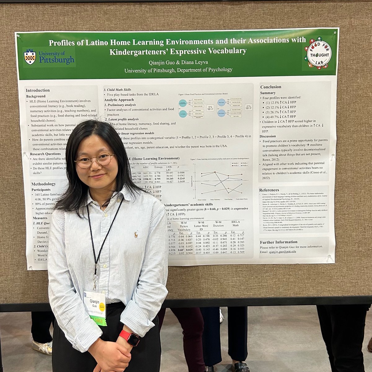 Our grad student Qianjin recently presented her research at the Cognitive Development Society conference, identifying four profiles of Latino children's home learning environments. Her findings reveal significant group differences in children's expressive vocabulary. 
#CDS