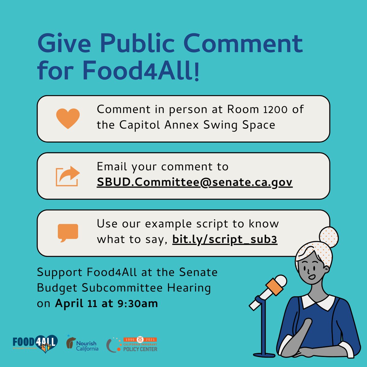 🎉🍽️ CA can’t wait for #Food4All! Join @Nourish_CA & @CALImmigrant at the Senate Budget Sub 3 hearing on 4/11 at 9:30am. You can give public comment in person or virtually! Make it easy by using our script- bit.ly/script_sub3 #NoExceptionsNoExclusions #NoDelays 🗣️💬