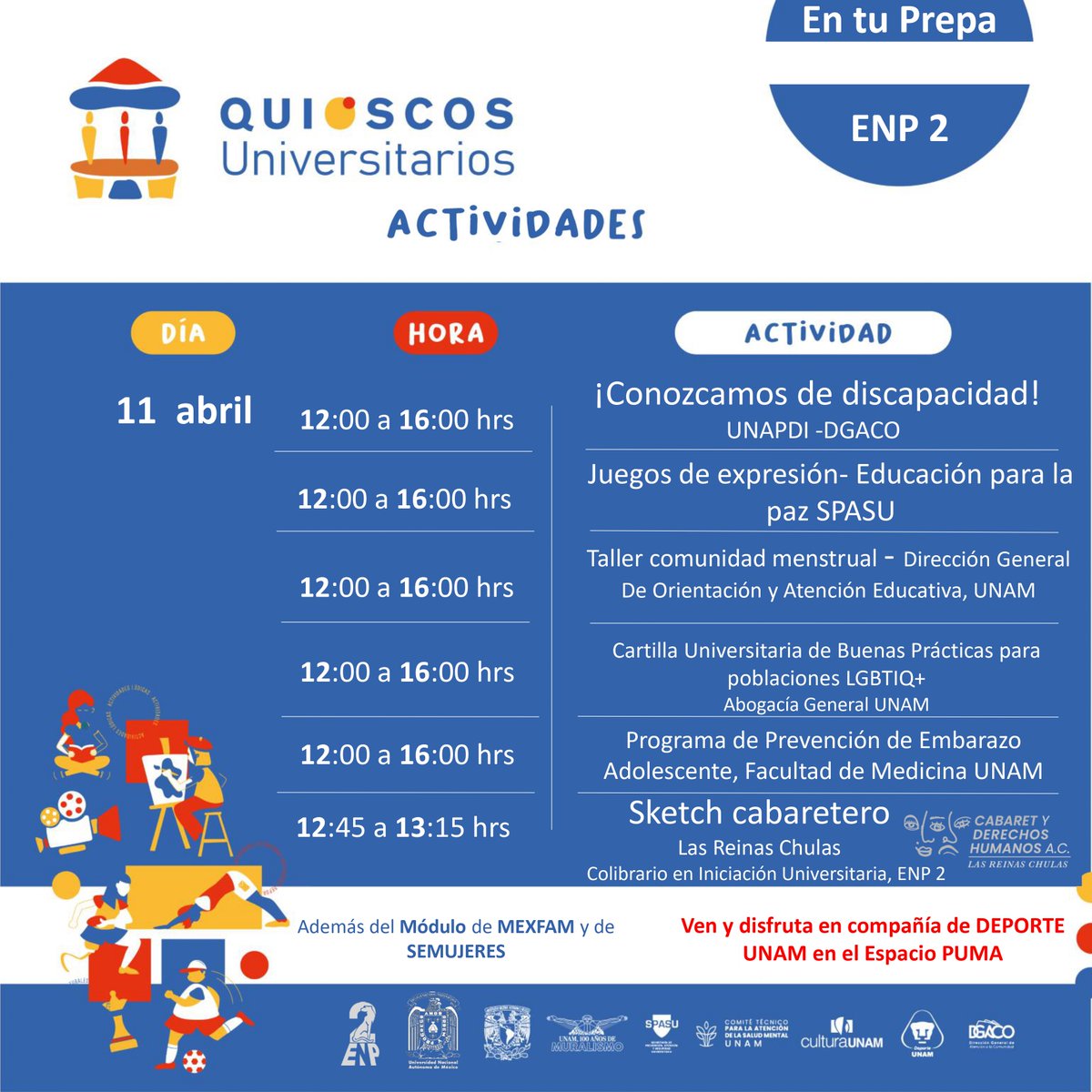 Comunidad_UNAM's tweet photo. 🎪🥳 ¡ #ComunidadUNAM de #ENP2, prepáresne para  disfrutar y compartir su tiempo de esparcimiento, porque llegan a su plantel los #QuioscosUniversitarios!
¡Habrá actividades muuuy chidas! ¡Ahí nos vemos! 😉
🗓️Jueves 11 de abril de 12:00 a 16:00 hrs. https://t.co/gaz7EWcXWU
