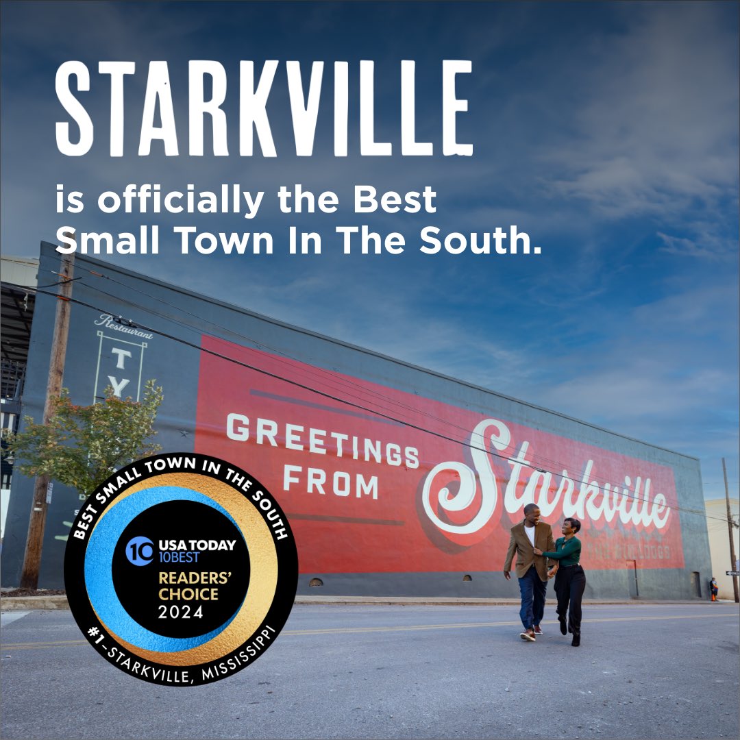 It's official! Starkville has been named the BEST SMALL TOWN IN THE SOUTH by @USATODAY. #StarkvilleMS #HailState Read the official news release here: starkville.org/?p=36270