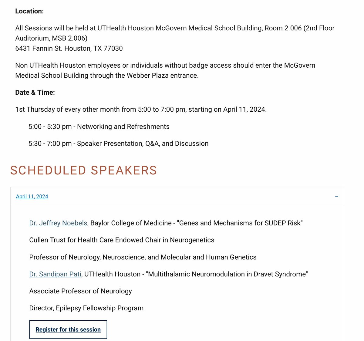 Join us tomorrow Apr 11 for #EpiEx's bi-monthly #epilepsy research meeting at Texas Medical Center, Topics on #SUDEP, #neuromodulation, & #channelopathies. Network with top Houston institutions! Details & sign-up on our website. uth.edu/tirn/epiex.htm  #HoustonEpilepsy