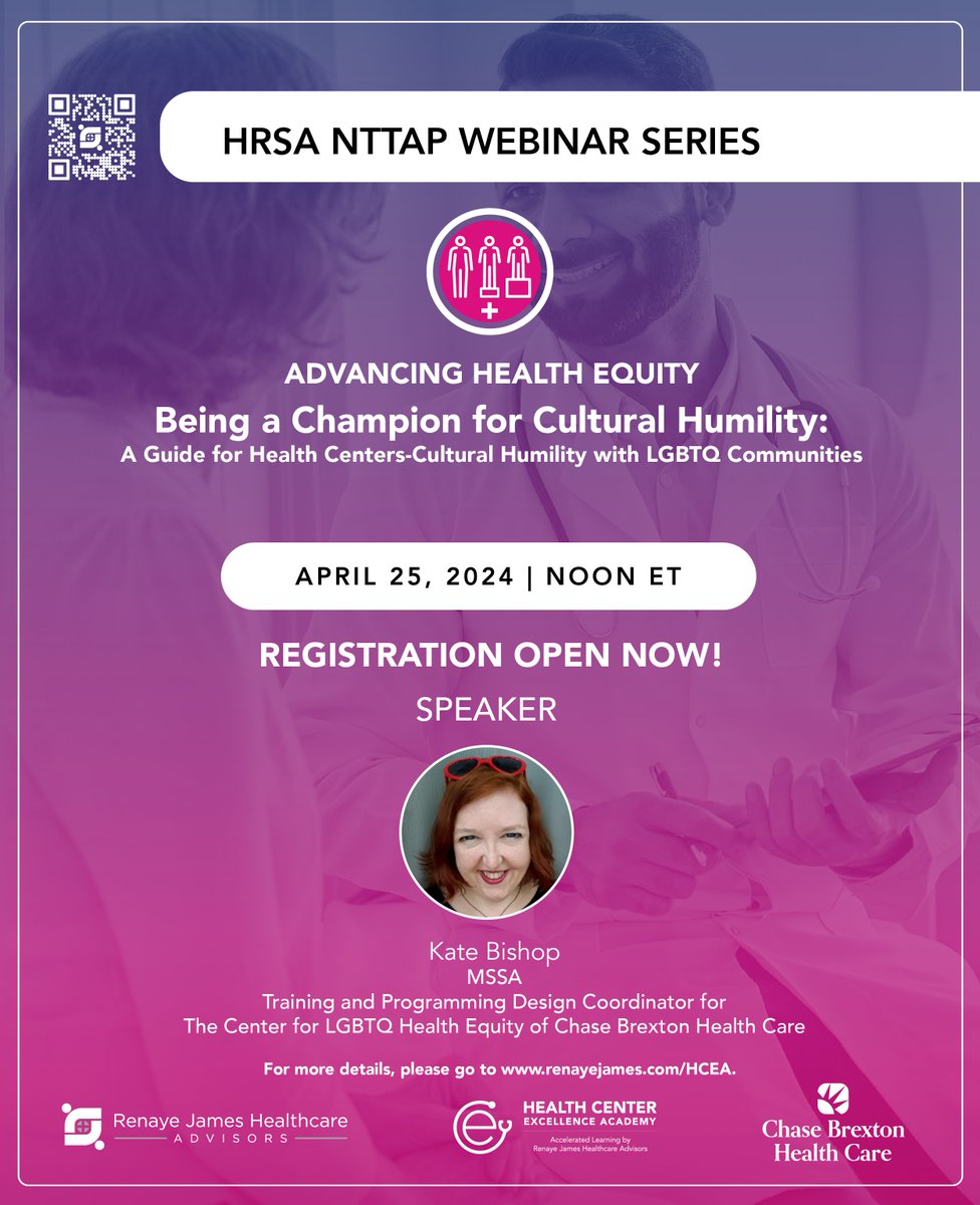 Join our webinar on April 25, 2024, 12-1 p.m. ET:

'Being a Champion for Cultural Humility: A Guide for Health Centers - Cultural Humility with LGBTQ Communities'

Register: conta.cc/43S1CS2

#NTTAPWebinar  #LGBTQHealth #InclusiveCare #RenayeJamesHealthcareAdvisors