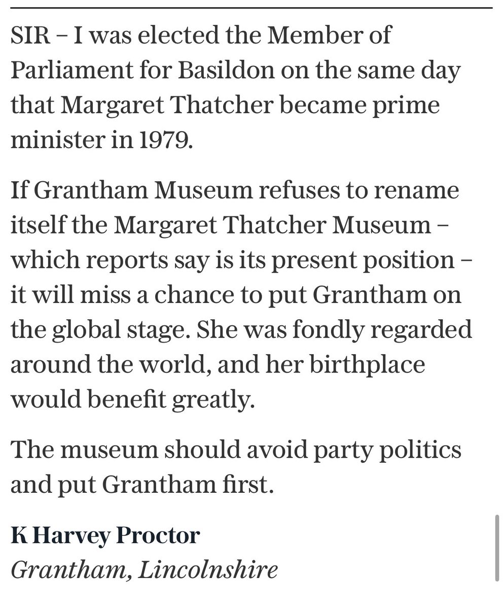 My Letter to the Editor of @Telegraph which featured yesterday regarding Grantham Museum being renamed Margaret Thatcher Museum, which would put Grantham on the world stage.