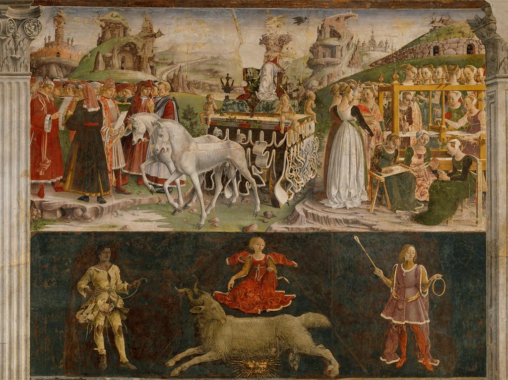 The triumph of Minerva in the upper registers of the month of March. Painted for Borso d'Este in Ferrara's Palazzo Schifanoia,1469, by Francesco del Cossa. Today is his day.