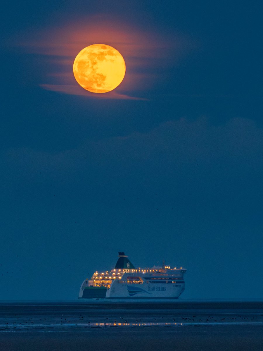 Full moon rising over Dublin Bay and Irish Ferries from the spectacular February 2024 moonrise.