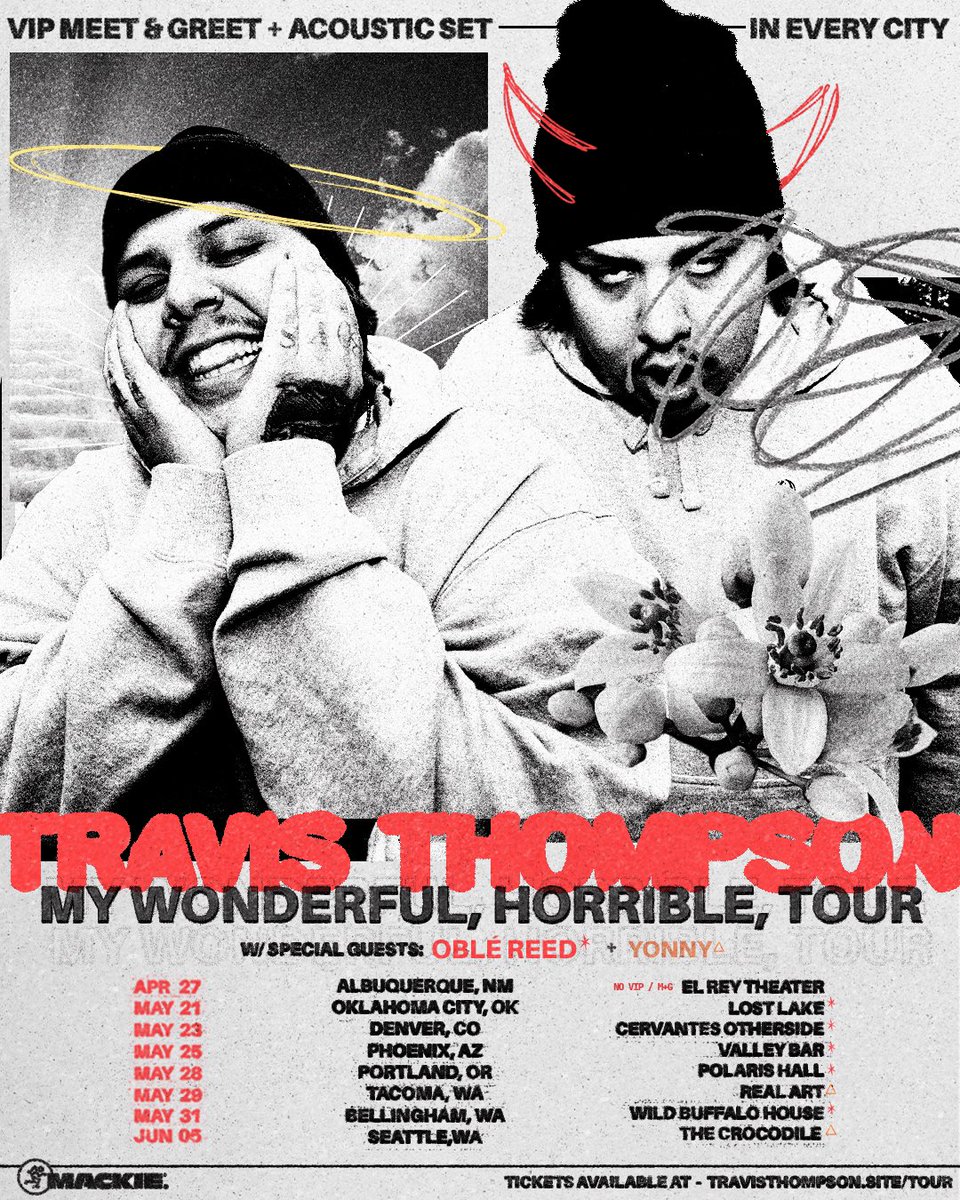 My Wonderful, Horrible, Tour 🚐 Excited to announce I’m headed back out on the road & bringing my bro @oblereed wit me. Doing a private acoustic show/meet & greet in every city. See y’all there ❤️ Tix on sale Friday @ TravisThompson.Site