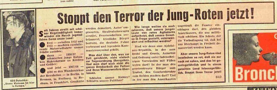 Vor 56 Jahren hetzte die Bild u.a. gegen Rudi Dutschke: „Stoppt den Terror der Jung-Roten jetzt!“ und ruft quasi zur Selbstjustiz gegen Dutschke auf: „Und man darf auch die ganze Dreckarbeit nicht der Polizei und ihren Wasserwerfern überlassen“.