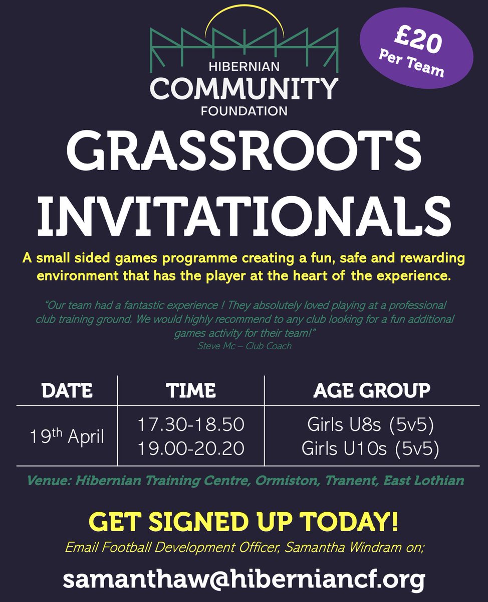 🚨Calling all U8s / U10s Teams / Clubs 🚨 We have a fantastic opportunity next Friday at Hibernian Training Centre for clubs to participate in a player-led festival programme. Email samanthaw@hiberniancf.org to book your place now. @ScotFASouthEast @GirlsResults @Jax_Mc_Media