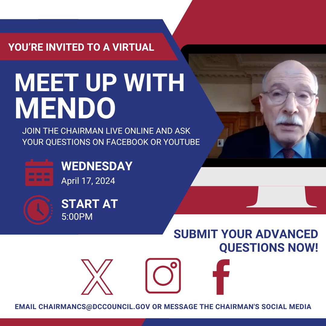 ONE WEEK from today join my Virtual Meet Up with Mendo streaming live on Facebook and Youtube. Ask your questions live online OR you can also send your advanced questions by emailing ChairmanCS@dccouncil.gov or message my social media accounts. 📅 Wed. April 17th ⏲️ 5pm