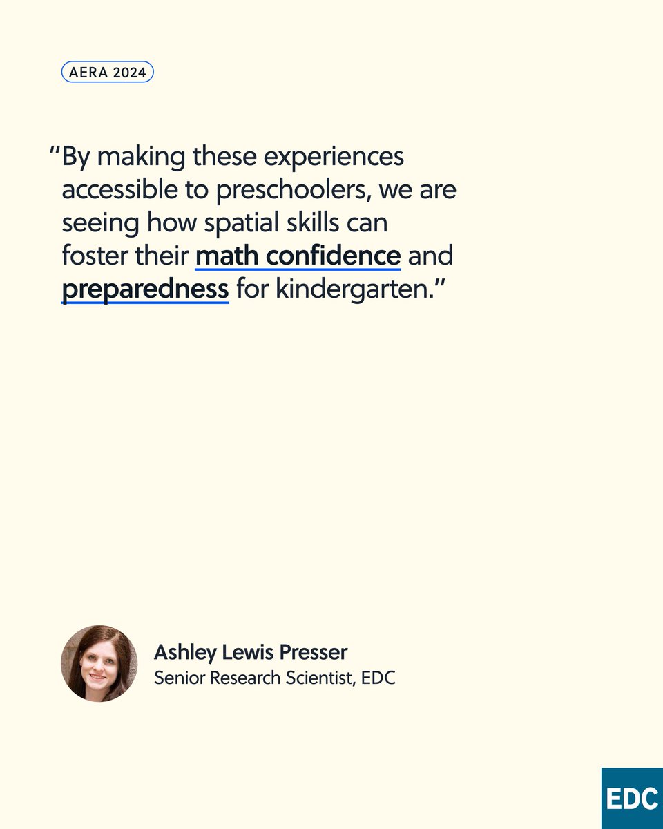 Children’s spatial skills are positively related to success in school and STEM pathways. 

EDC will be at #AERA2024 tomorrow, engaging in discussions on how spatial skills can transform learning. Learn more here: lnkd.in/eWpNy_Vc